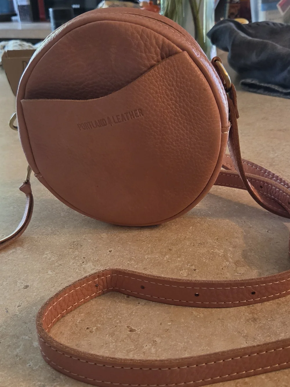 Portland Leather Small Circle Crossbody Bag- Vintage Pink EUC